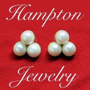 Pearl Earrings ~ Elegant Pierced Vintage Triple 8mm Cream Pearls in Gold Setting